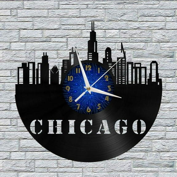 Chicago Cityscape 12 Inch Vinyl Record Wall Clock - Silent, Creative, and Unique Clock for Living Room, Entryway, or Bedroom Decor - Perfect Gift Idea(12 inchs B without LED)
