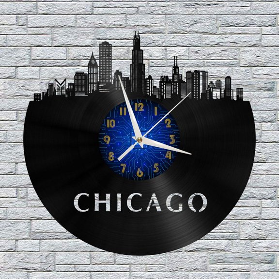 Chicago Cityscape 2 12 Inch Vinyl Record Wall Clock - Silent, Creative, and Unique Clock for Living Room, Entryway, or Bedroom Decor - Perfect Gift Idea(12 inchs B without LED)