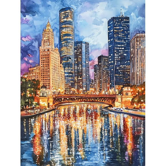 Chicago Cityscape Night View Canvas Print/PaintingPerfect for Living RoomBedroomOfficeBathroomHotel Decor