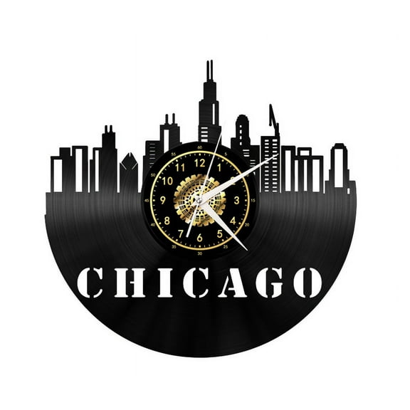 Chicago Cityscape Vintage Black Vinyl Record Wall Clock Wall Art 3D Modern Design Office Bar Room Home Decor Gift