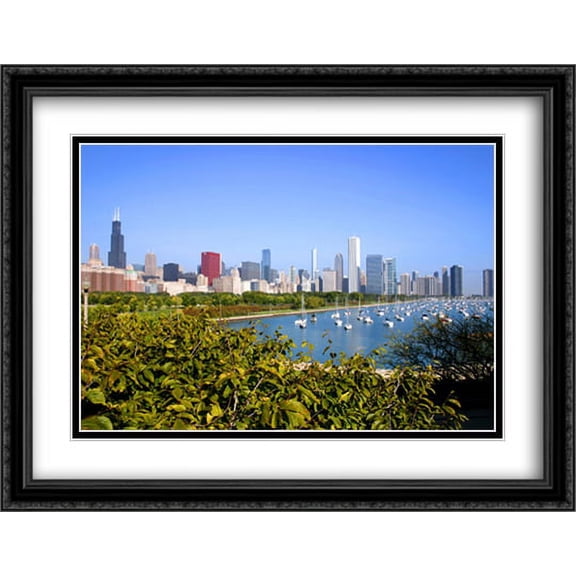 Chicago Cityscape and Lakefront 2x Matted 36x28 Large Black Ornate Framed Art Print by The Cityscape Art Print Series