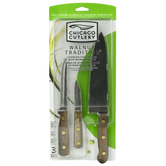 Chicago Cutlery B42 Walnut Tradition 3-Piece Parer, Utility and Chef Knife Set