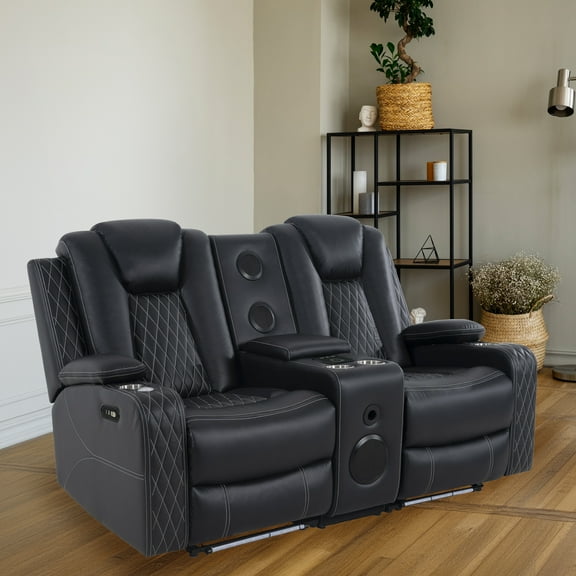 Naomi Home Chicago Corner Loveseat Sofa Black Air Leather, Reclining Sofa with Console, Cup Holders, USB Ports, Pillow Top Armrests & Split Back Design, Modern Air Leather Living Room Couch