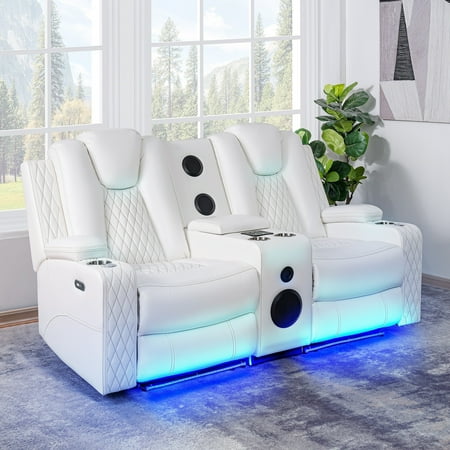 Chicago Deluxe Theater Style Motion Loveseat with LED Lights-Color:White,Fabric:Air Leather