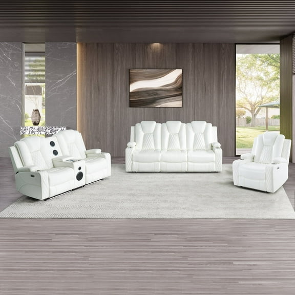 Chicago Deluxe Theater Style Motion Reclining Sofa Set - 3 Piece Set with Power Recline, Adjustable Headrests, LED Lighting, Wireless Charging, Bluetooth Speaker, USB Ports & Hidden Storage