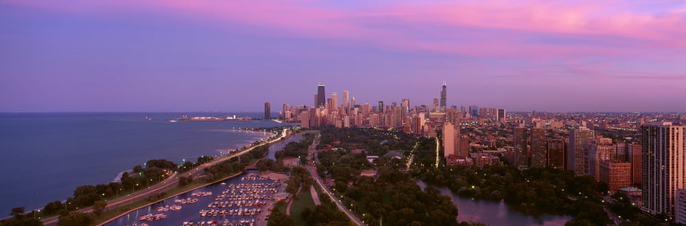 Chicago Diversey Harbor Lincoln Park Lake Michigan at Dusk Illinois Canvas Art - Panoramic Images (27 x 9)