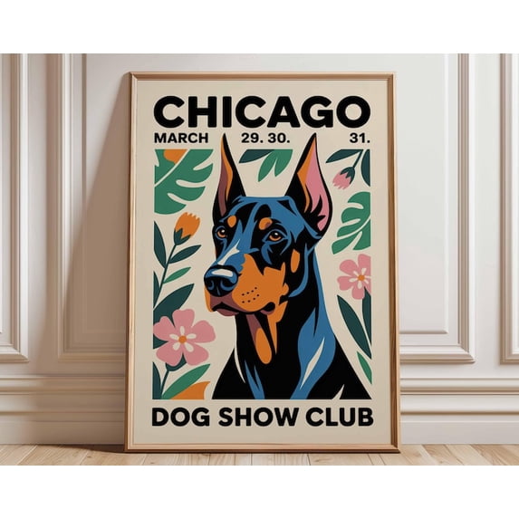 Chicago Dog Show Doberman Vintage Dog Illustration Bold Graphic Animal Wall Art Print, Unframed Paper Poster 16x20in