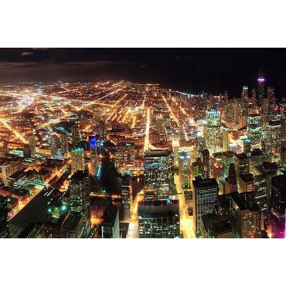Chicago Downtown Aerial Panorama View at Night with Skyscrapers and City Skyline at Michigan Lakefr, Unframed Photographic Print Wall Art by Songquan Deng Sold by Art.Com