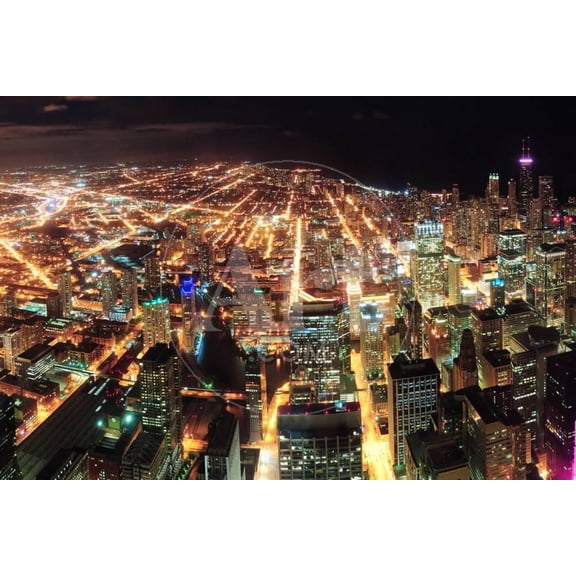 Chicago Downtown Aerial Panorama View at Night with Skyscrapers and City Skyline at Michigan Lakefr, Unframed Photographic Print Wall Art by Songquan Deng Sold by Art.Com