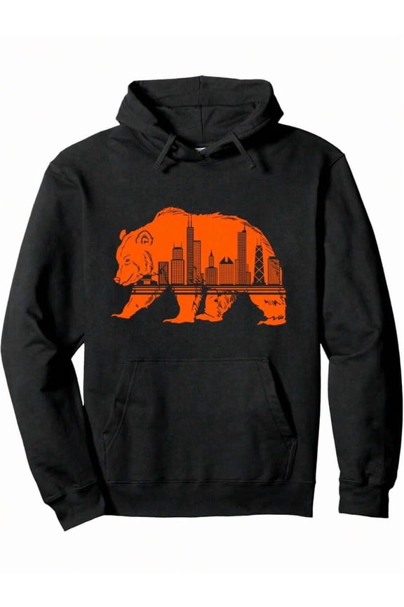 Chicago Downtown City Bear Print Hoodie - 60% Cotton, 40% Polyester Knit Fabric, Casual Crew Neck Pullover, Medium Stretch, Breathable And Soft, Regular Fit