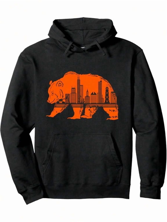 Chicago Downtown City Bear Print Hoodie - 60% Cotton, 40% Polyester Knit Fabric, Casual Crew Neck Pullover, Medium Stretch, Breathable And Soft, Regular Fit