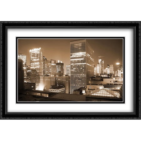 Chicago Downtown at Night 2x Matted 40x28 Large Black Ornate Framed Art Print by The Cityscape Art Print Series