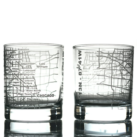 Chicago Etched Whiskey Glasses - 10 Oz Tumbler Gift Set with Chicago, Illinois Map (Set of 2)