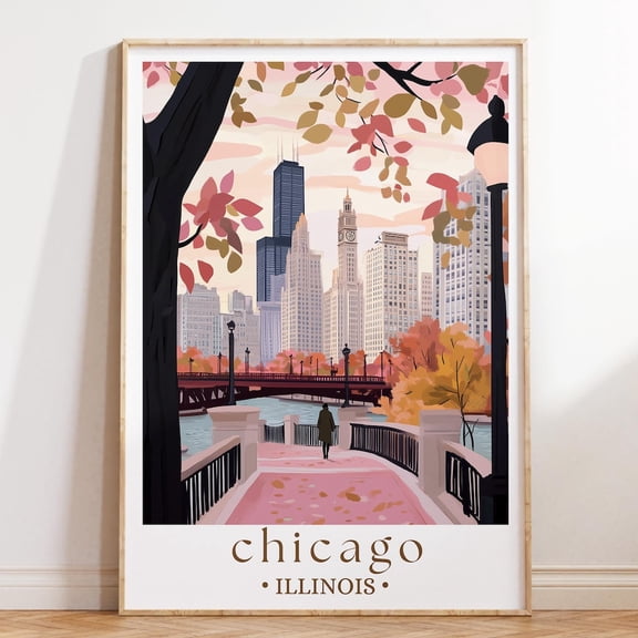 Chicago Fall Travel Autumn Cityscape Seasonal Urban Downtown Poster