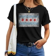 Chicago Flag Distressed Vintage Style Pride Women T-Shirt, Retro Chicago City Skyline Graphic Tee, Windy City Pride Shirt For Women, Size M, Color Black