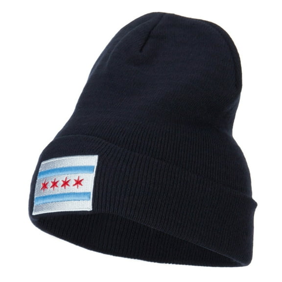 Chicago Flag Embroidered Long Beanie - Navy OSFM