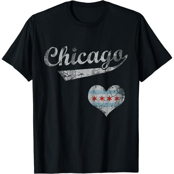 Chicago Flag Heart Love Vintage Distressed T-Shirt Black 2X-Large
