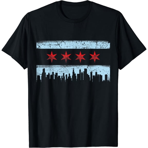 Chicago Flag Skyline T-Shirt Black Medium