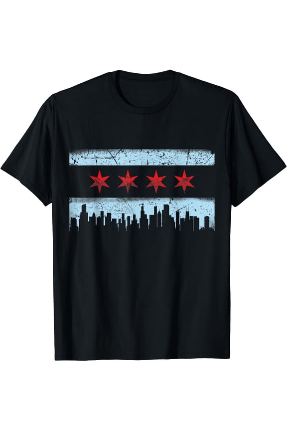 Chicago Flag Skyline T-Shirt Black Medium