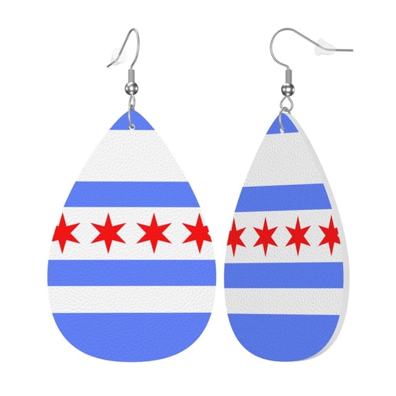Chicago Flag Style Leather Teardrop Earring Lightweight Drop Earrings For Women