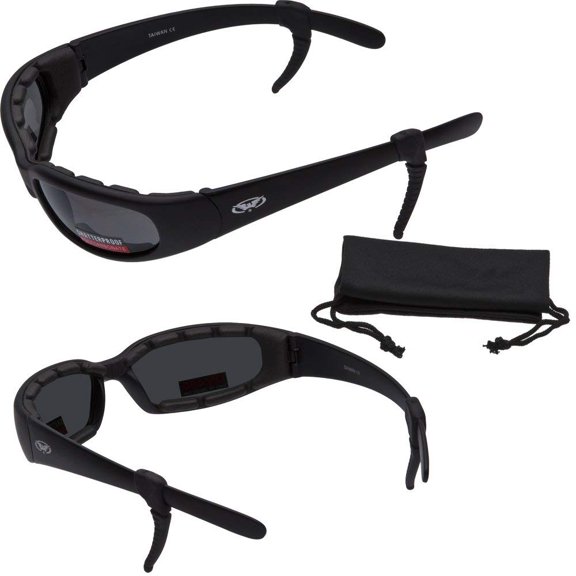 Chicago Foam Padded Motorcycle Sunglasses - FREE Rubber EAR LOCKS and Microfiber Cleaning/Storage Pouch -GLOSS Black FRAME