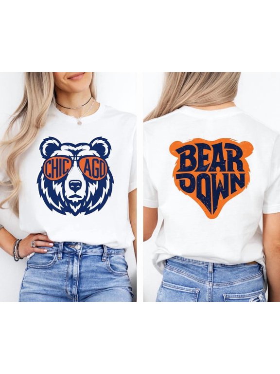 Chicago Football Bear Graphic T-Shirt, Chicago Sunglasses Front and Bear Down Back Print, Two-Sided Game Day Tee