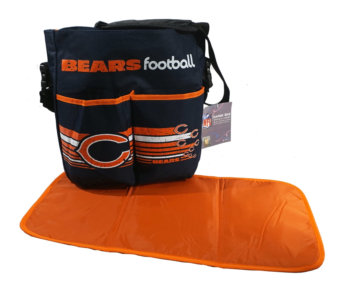 Chicago Football Bears Baby Diaper Bag - Adjustable Padded Shoulder Strap & Orange Changing Pad