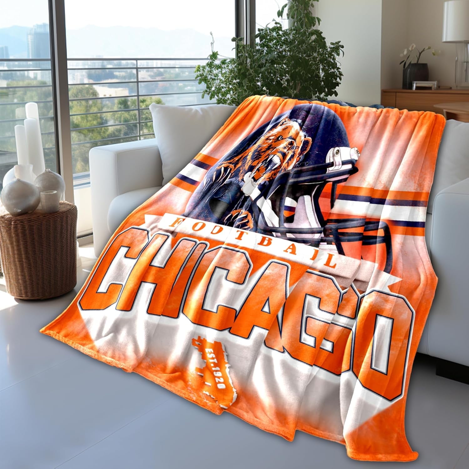 Chicago Football Blanket Classic Sherpa Double Layer Fabric Warm Blankets, Soft Flannel Throw Blankets for Football Fans Gifts 60" X 50"