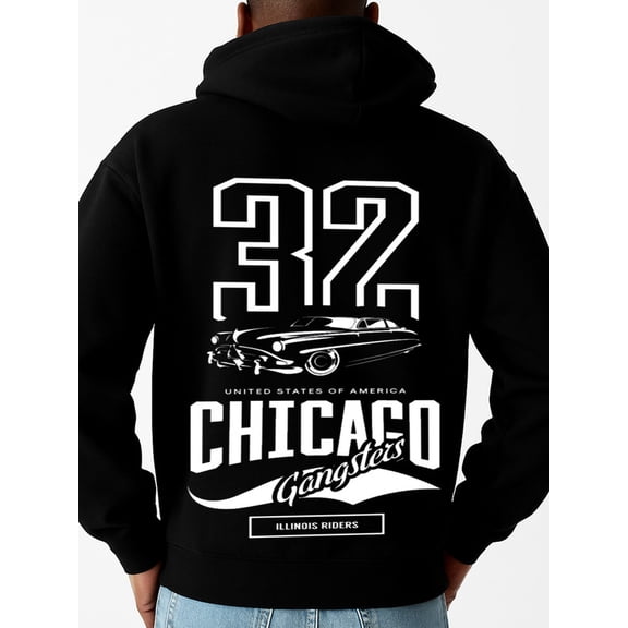 Chicago Gangsters graphic hoodies funny humor men's regular fit black Casual Classic Design Pullover Hooded Sweatshirt Streetwear For Winter Fall, As Gift graphic work y2k