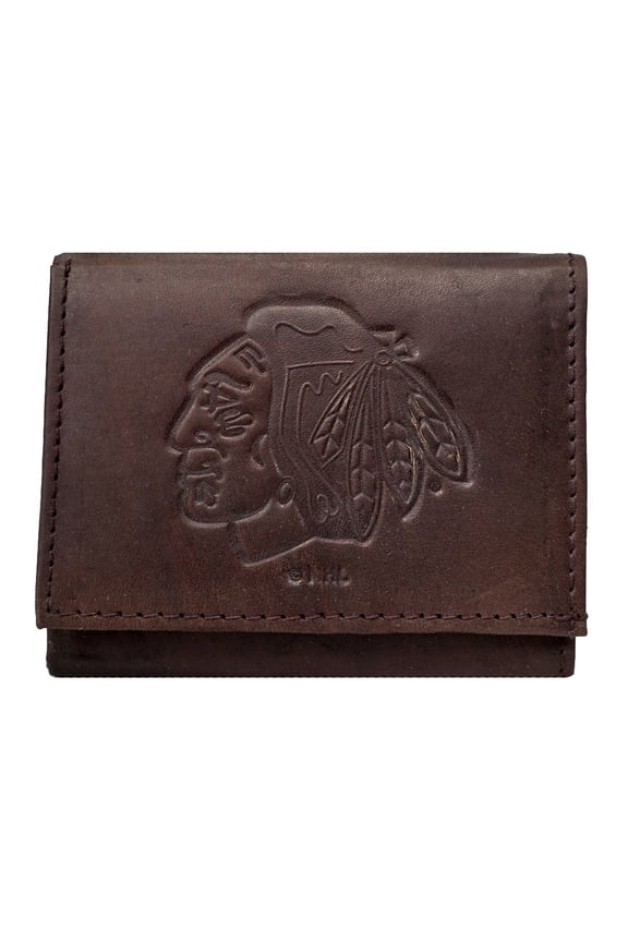 Chicago Hockey - Distressed Look - Embossed Logo Dark Brown Leather Trifold Wallet