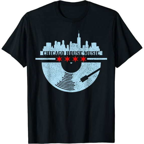 Chicago House Music Vintage Vinyl Dj Raver Flag Skyline Gift T-Shirt Black 4X-Large