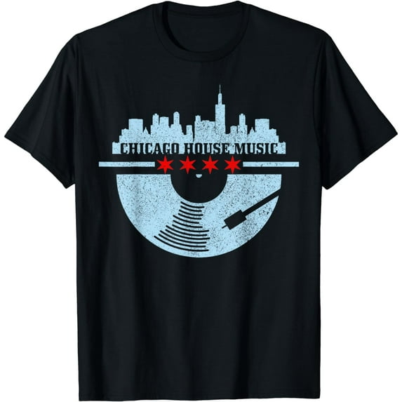 Chicago House Music Vintage Vinyl Dj Raver Flag Skyline Gift T-Shirt