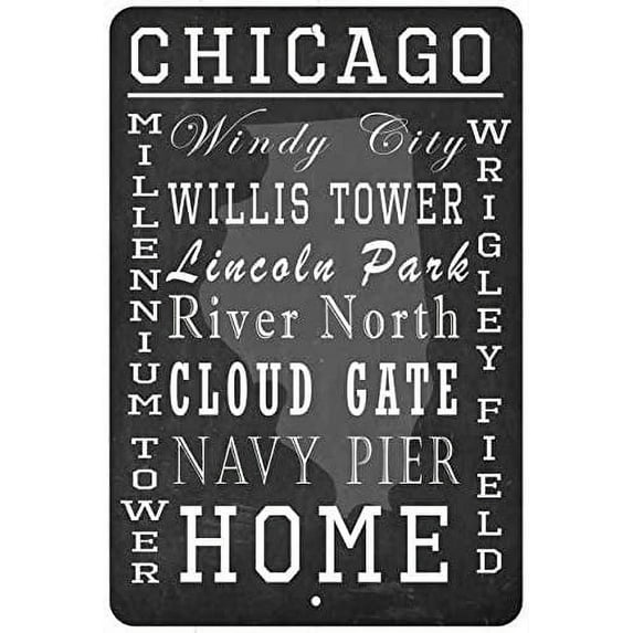 Chicago IL Landmarks Sign Novelty Signs Wall Vintage Wall Decor Rustic Decoration Tin Plaque Home Art Gift 8 x 12 Matte Finish Metal 108120065015