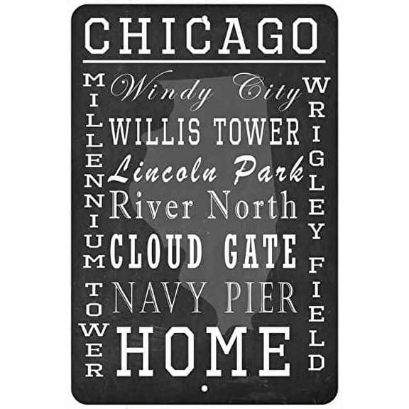 Chicago IL Landmarks Sign Novelty Signs Wall Vintage Wall Decor Rustic Decoration Tin Plaque Home Art Gift 8 x 12 Matte Finish Metal 108120065015