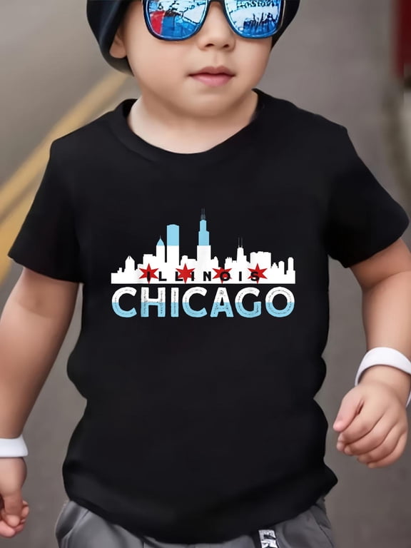 Chicago Illinois American Flag usa souvenir for Women Kids MenCotton Soft Graphic Tee Breathable Playwear T-Shirt