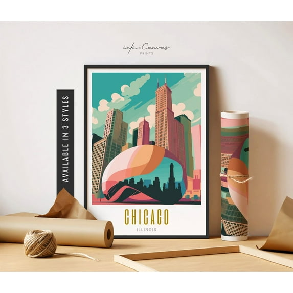 Chicago Illinois Art Poster Chicago Travel Poster Chicago Bean Poster Chicago Skyline Destination Posters Poster Travel Art Home Decor, 8x12 UNFRAMED