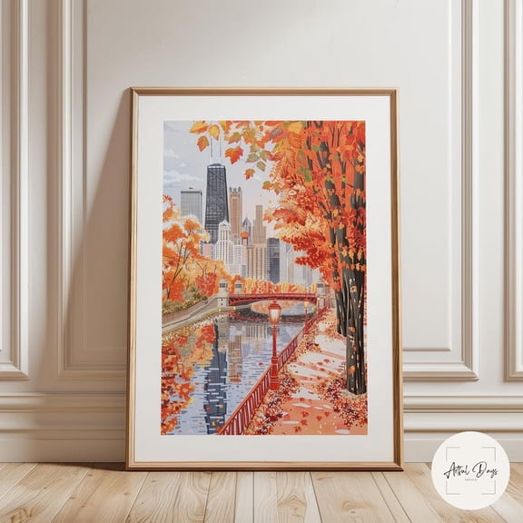 Chicago Illinois Autumn Riverwalk Skyline Scenic Art Poster 8x12 UNFRAMED
