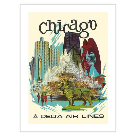 Chicago Illinois - Buckingham Fountain Marina City - Delta Air Lines - Vintage Airline Travel Poster by Fred Sweney c.1970s - Fine Art Matte Paper Print (Unframed) 24x32in