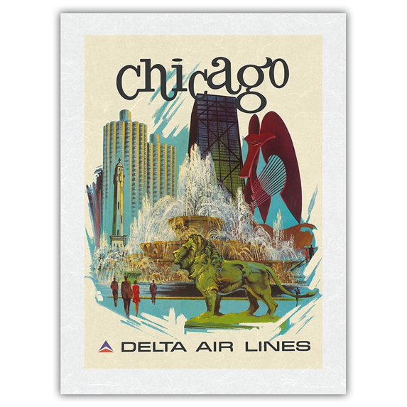 Chicago Illinois - Buckingham Fountain Marina City - Delta Air Lines - Vintage Airline Travel Poster by Fred Sweney c.1970s - Japanese Unryu Rice Paper Art Print 24 x 32 in