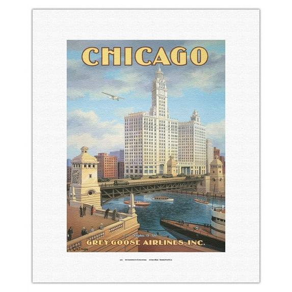 Chicago Illinois - DuSable Bridge (Michigan Avenue Bridge) - Grey Goose Airlines - Vintage Airline Travel Poster by Kerne Erickson - Fine Art Rolled Canvas Print 11in x 14in
