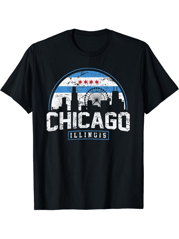 Chicago Illinois Flag Tees Vintage Skyline Shirt Men Women T-Shirt Black X-Large
