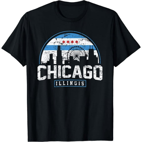 Chicago Illinois Flag Tees Vintage Skyline Shirt Men Women T-Shirt Black X-Large