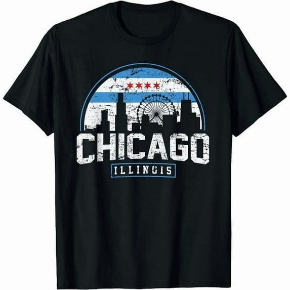 Chicago Illinois Flag Tees Vintage Skyline Shirt Men Women T-Shirt Black