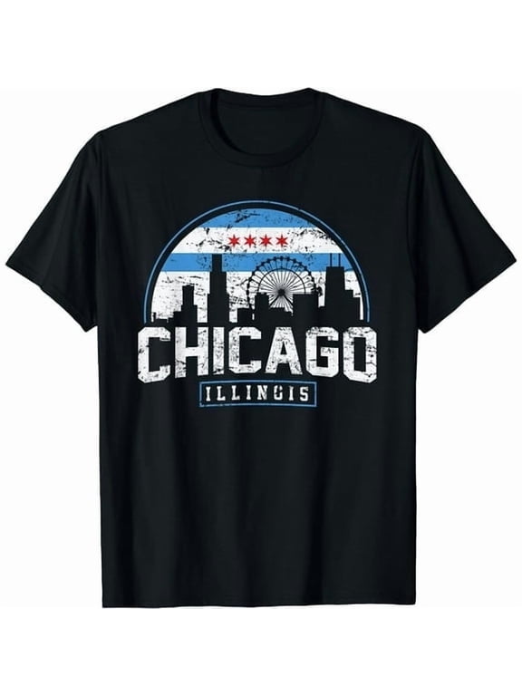Chicago Illinois Flag Tees Vintage Skyline Shirt Men Women T-Shirt Black