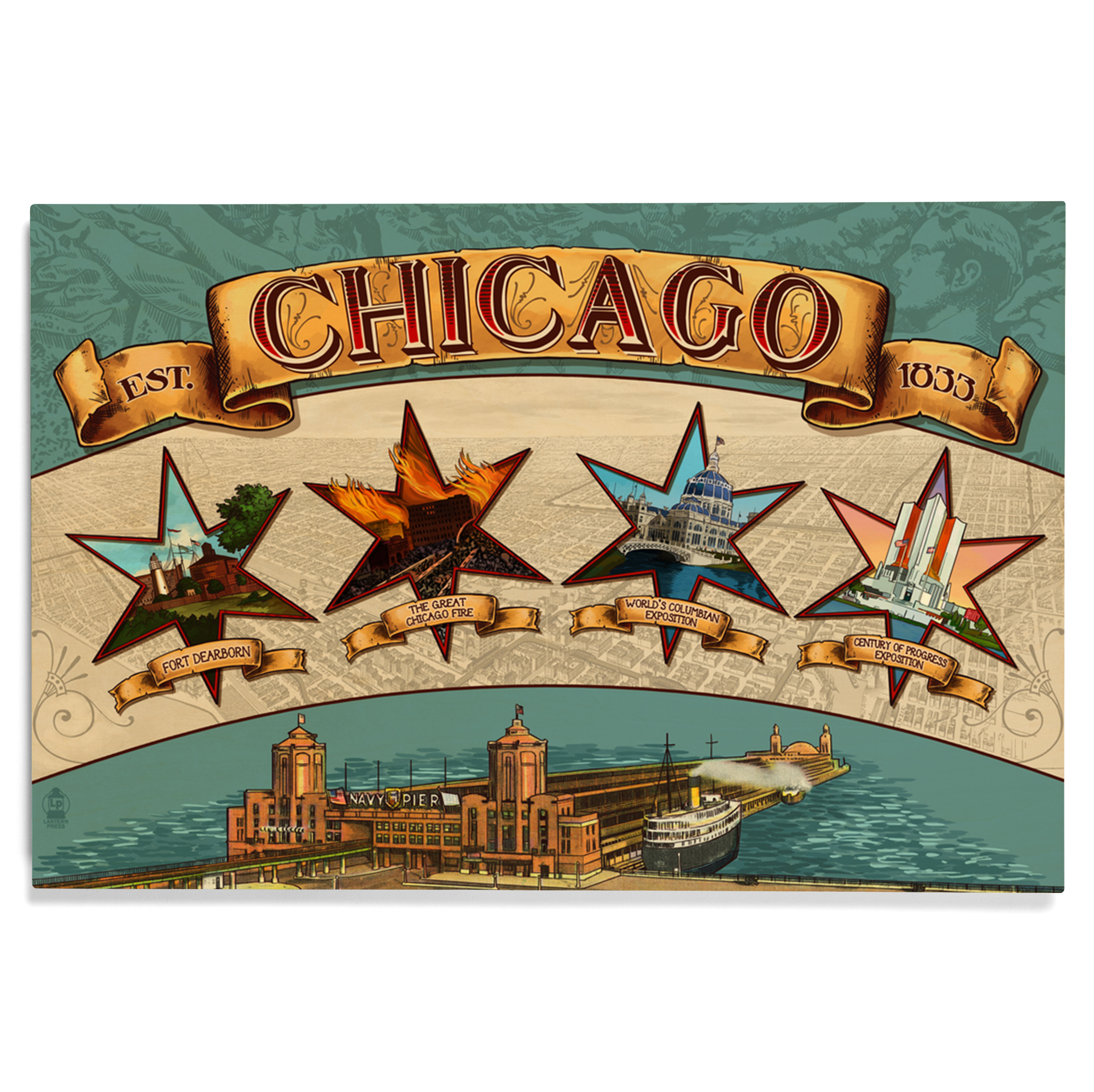 Chicago, Illinois, Neon Skyline (4x6 Birch Wood...
