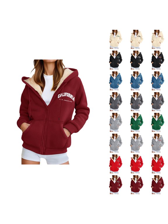 Chicago Illinois Hoodies for Women Fall Winter Long Sleeve Fleece Lined Zip Up Graphic Hooded Sweatshirt Jacket with Pockets