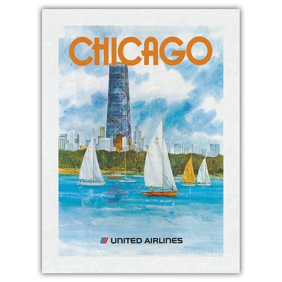 Chicago Illinois - John Hancock Center - United Airlines - Vintage Airline Travel Poster by Stanley "Stan" Dudek c.1980s - Japanese Unryu Rice Paper Art Print 24 x 32 in