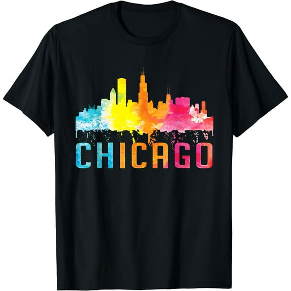 Chicago Illinois Retro Watercolor Skyline Art Souvenir Shirt T-Shirt Black 2X-Large