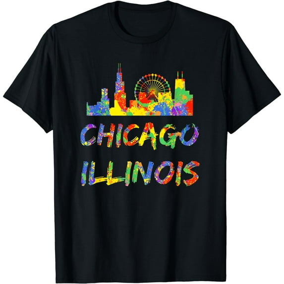 Chicago Illinois Skyline Artwork Colorful Chicago Skyline T-Shirt