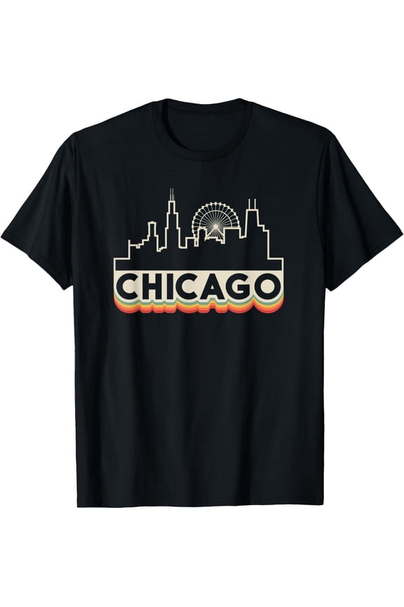 Chicago Illinois Skyline Shirt Retro Souvenir Tee Men Women T-Shirt men and women can wear, black, white, gifts